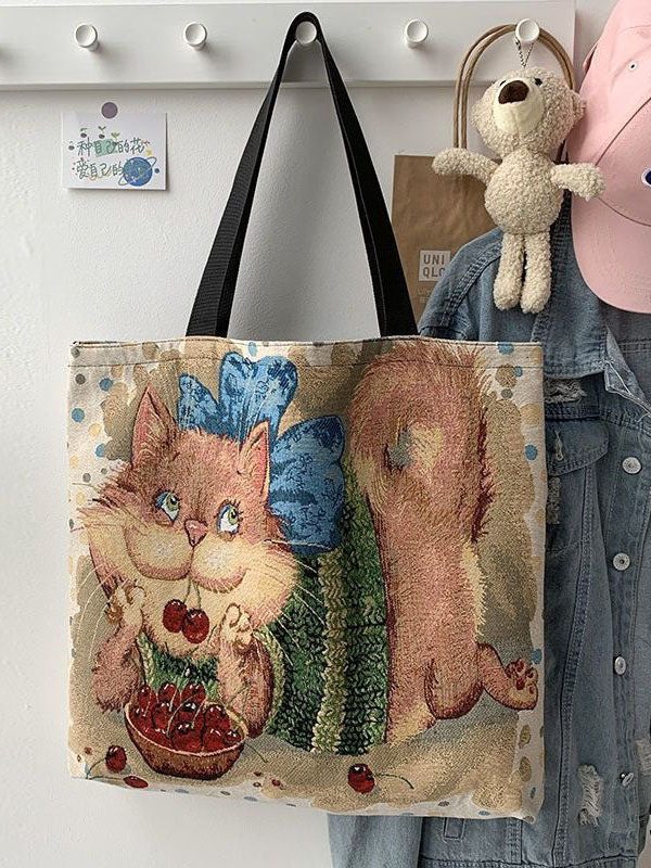 Organic Love Cats Print Patchwork Canvas Oversize Tote Handbag