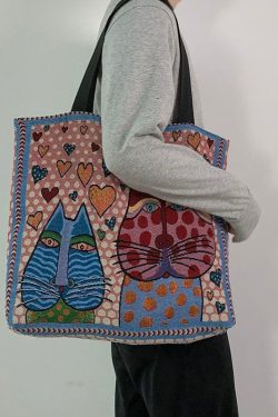 Organic Love Cats Print Patchwork Canvas Oversize Tote Handbag