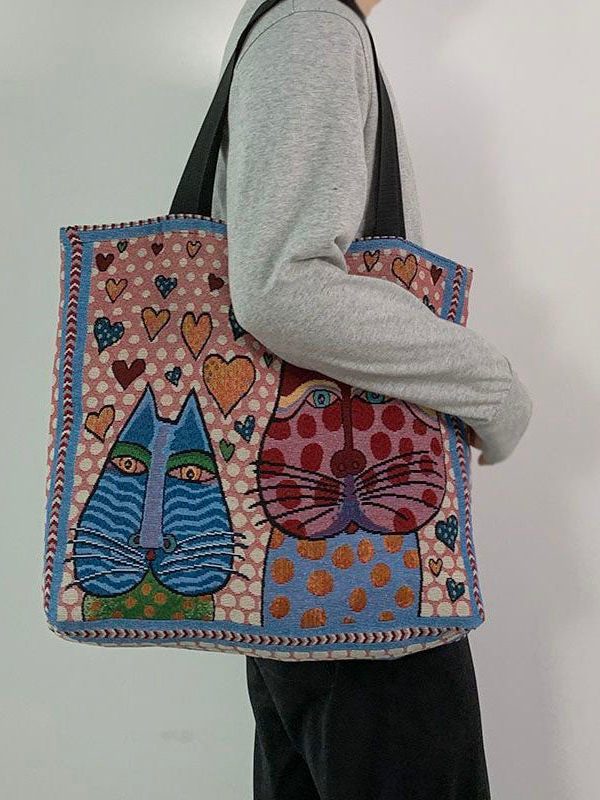 Organic Love Cats Print Patchwork Canvas Oversize Tote Handbag