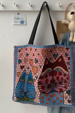 Organic Love Cats Print Patchwork Canvas Oversize Tote Handbag