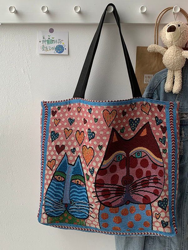 Organic Love Cats Print Patchwork Canvas Oversize Tote Handbag