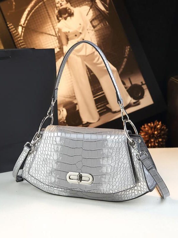 Organic Silver Embossed Calf Leather Satchel Handbag