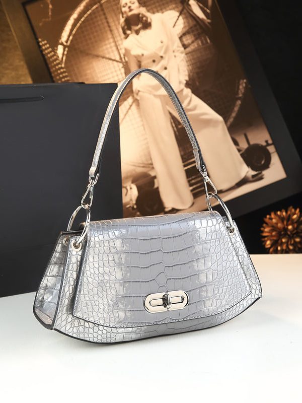 Organic Silver Embossed Calf Leather Satchel Handbag