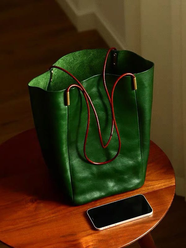Organic Tea Green Large Capacity Faux Leather Bucket Bag