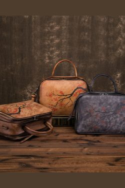 Organic Yellow Brown Floral Paitings Calf Leather Messenger Bag