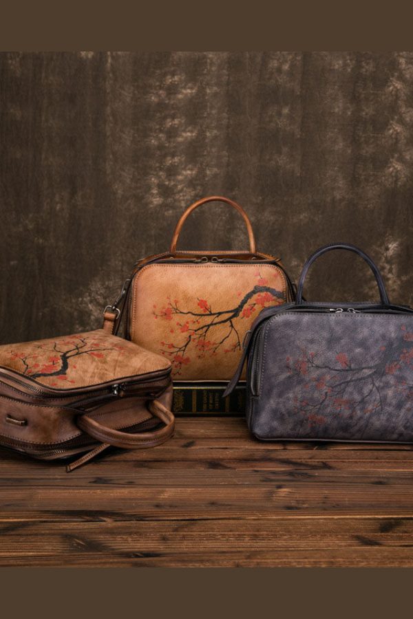 Organic Yellow Brown Floral Paitings Calf Leather Messenger Bag