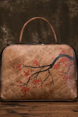 Organic Yellow Brown Floral Paitings Calf Leather Messenger Bag