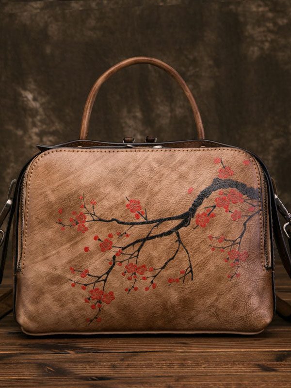 Organic Yellow Brown Floral Paitings Calf Leather Messenger Bag