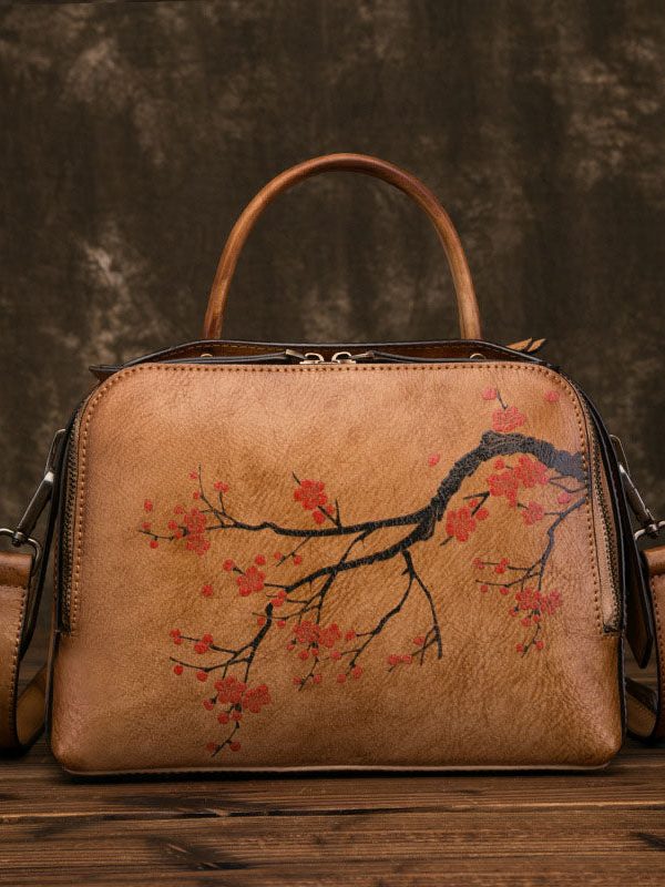 Organic Yellow Brown Floral Paitings Calf Leather Messenger Bag