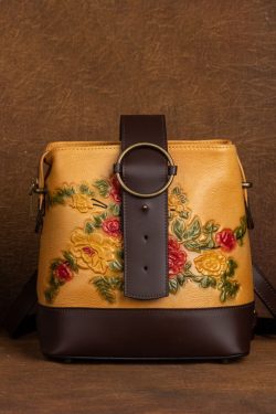 Organic Yellow Floral Paitings Calf Leather Messenger Bag