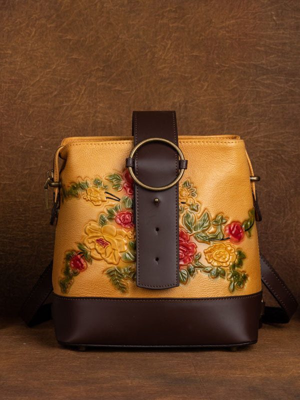 Organic Yellow Floral Paitings Calf Leather Messenger Bag