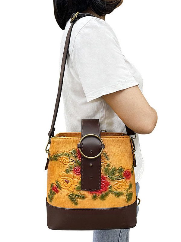 Organic Yellow Floral Paitings Calf Leather Messenger Bag