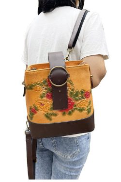 Organic Yellow Floral Paitings Calf Leather Messenger Bag
