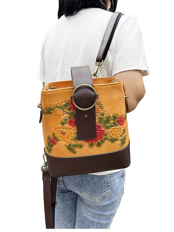 Organic Yellow Floral Paitings Calf Leather Messenger Bag