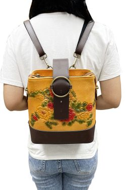 Organic Yellow Floral Paitings Calf Leather Messenger Bag