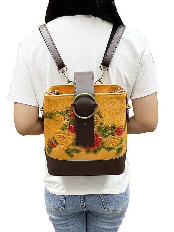 Organic Yellow Floral Paitings Calf Leather Messenger Bag