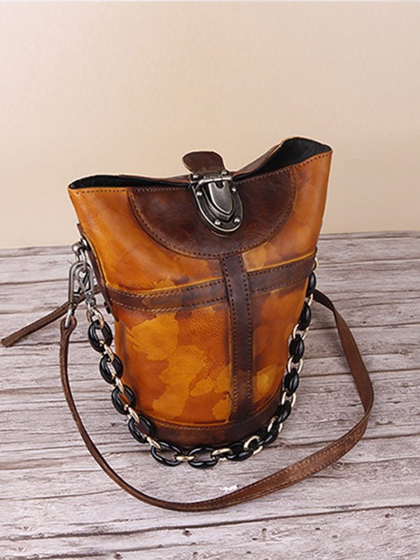 Organic Yellow Manual drip painting Paitings Calf Leather Messenger Bag