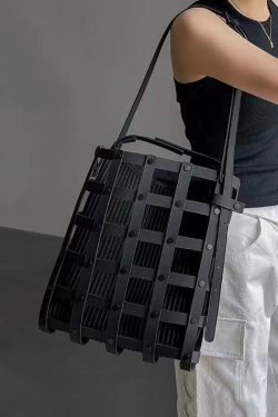 Original Black Hollow Out Rivet Calf Leather Satchel Handbag