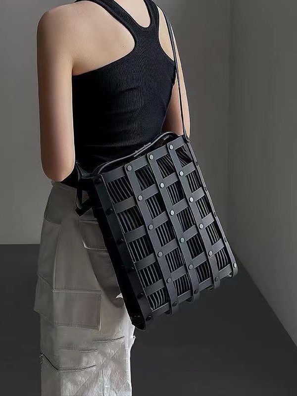 Original Black Hollow Out Rivet Calf Leather Satchel Handbag