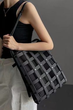 Original Black Hollow Out Rivet Calf Leather Satchel Handbag