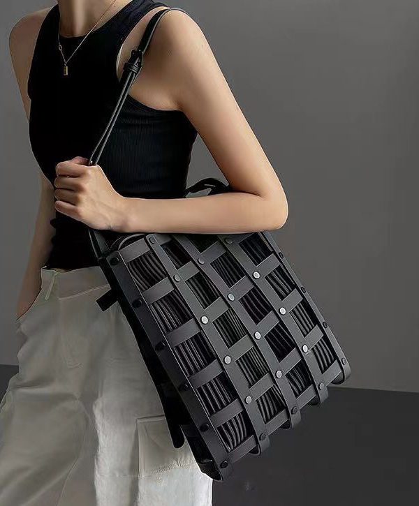 Original Black Hollow Out Rivet Calf Leather Satchel Handbag