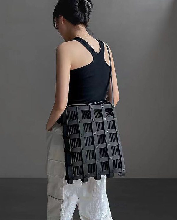 Original Black Hollow Out Rivet Calf Leather Satchel Handbag