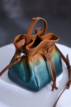 Original Blue Gradient Hand Painted Drawstring Crossbody Bag