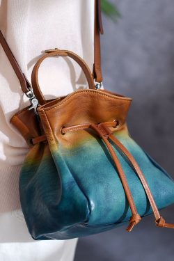 Original Blue Gradient Hand Painted Drawstring Crossbody Bag