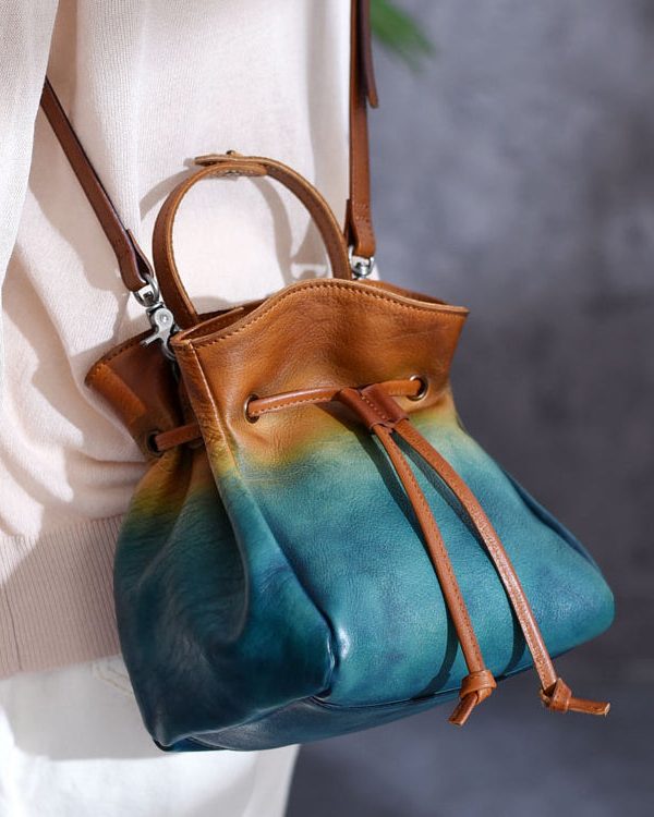 Original Blue Gradient Hand Painted Drawstring Crossbody Bag