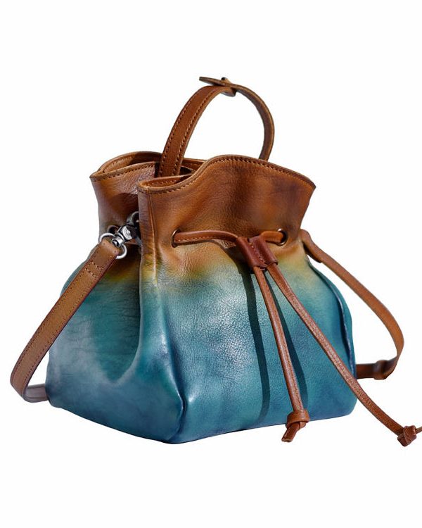 Original Blue Gradient Hand Painted Drawstring Crossbody Bag