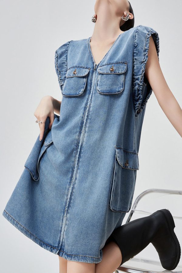 Original Blue V Neck Zippered Pockets Denim Mid Dress Sleeveless