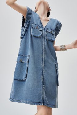 Original Blue V Neck Zippered Pockets Denim Mid Dress Sleeveless