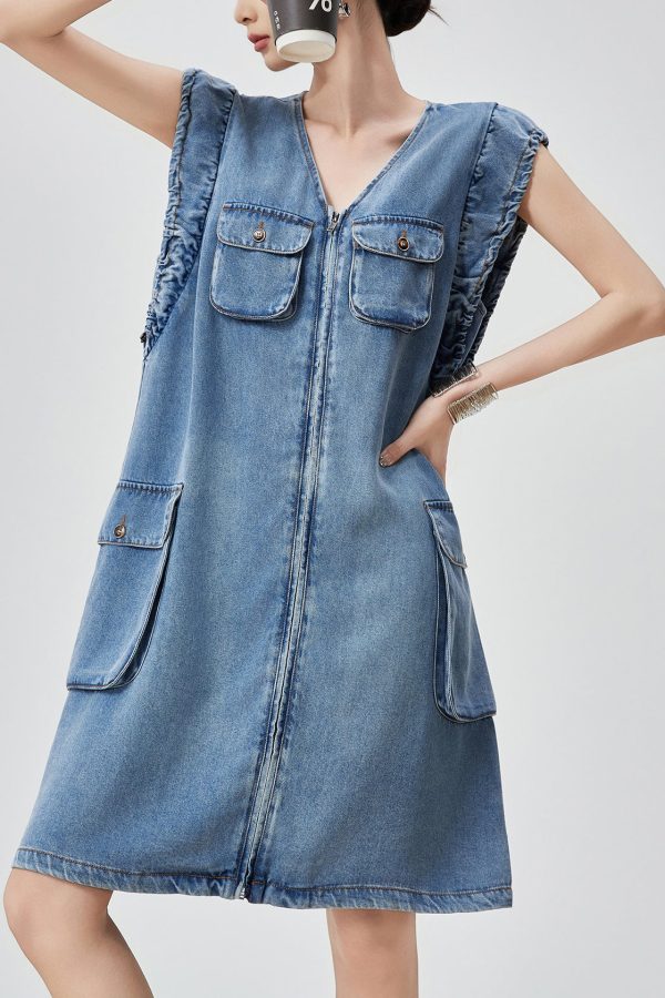 Original Blue V Neck Zippered Pockets Denim Mid Dress Sleeveless
