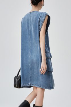 Original Blue V Neck Zippered Pockets Denim Mid Dress Sleeveless