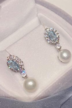 Original Design Baby Blue Copper Overgild Zircon Pearl Drop Earrings