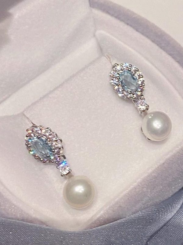 Original Design Baby Blue Copper Overgild Zircon Pearl Drop Earrings