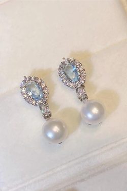Original Design Baby Blue Copper Overgild Zircon Pearl Drop Earrings