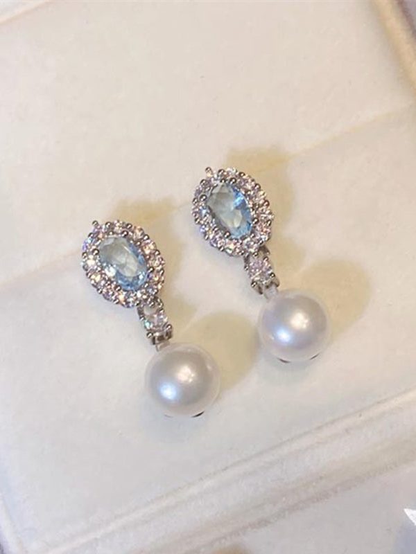 Original Design Baby Blue Copper Overgild Zircon Pearl Drop Earrings