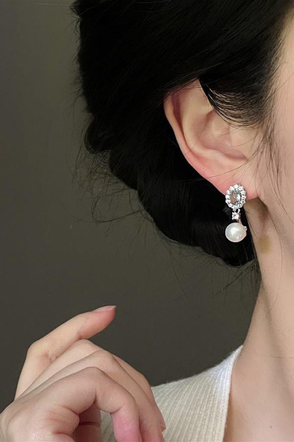 Original Design Baby Blue Copper Overgild Zircon Pearl Drop Earrings