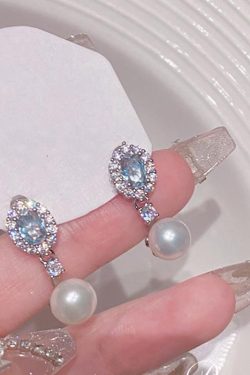 Original Design Baby Blue Copper Overgild Zircon Pearl Drop Earrings