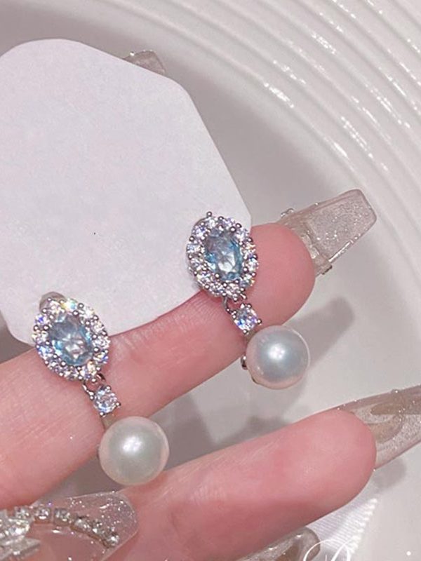 Original Design Baby Blue Copper Overgild Zircon Pearl Drop Earrings