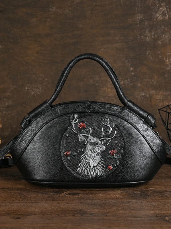 Original Design Black Animal Embossed Calf Leather Messenger Bag