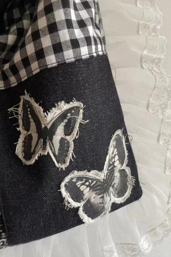 Original Design Black Lace Ruffles Patchwork Canvas Satchel Handbag