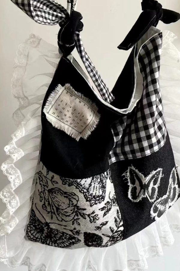 Original Design Black Lace Ruffles Patchwork Canvas Satchel Handbag
