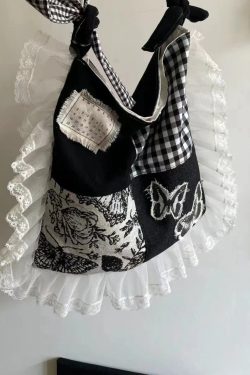 Original Design Black Lace Ruffles Patchwork Canvas Satchel Handbag