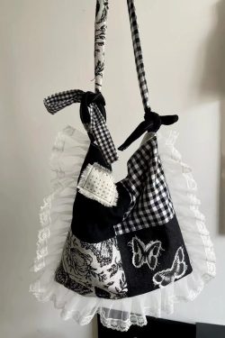 Original Design Black Lace Ruffles Patchwork Canvas Satchel Handbag