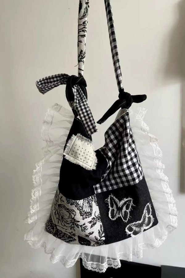 Original Design Black Lace Ruffles Patchwork Canvas Satchel Handbag