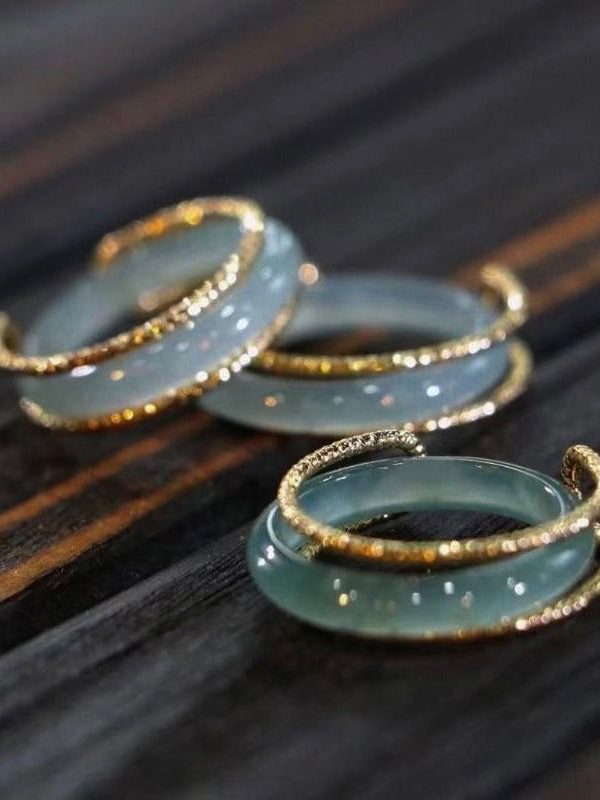 Original Design Blue 14K Gold Jade Rings