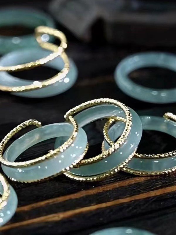 Original Design Blue 14K Gold Jade Rings