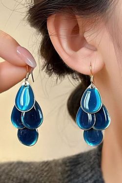 Original Design Blue Alloy Drip Glaze Water Droplets Tassel Drop Earrings